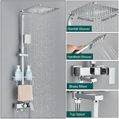 Shower Faucet Rainfall 3/4-Ways Bathtub Tap Bathroom Shelf