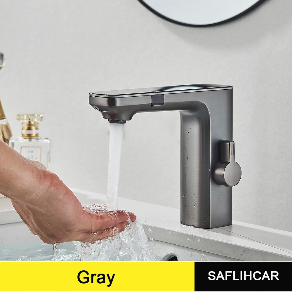 Gray Smart Daul Sensor Bathroom Basin Faucet Cold