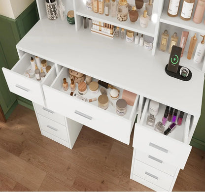Makeup Vanity Lighted Mirror & Power Outlet Drawers