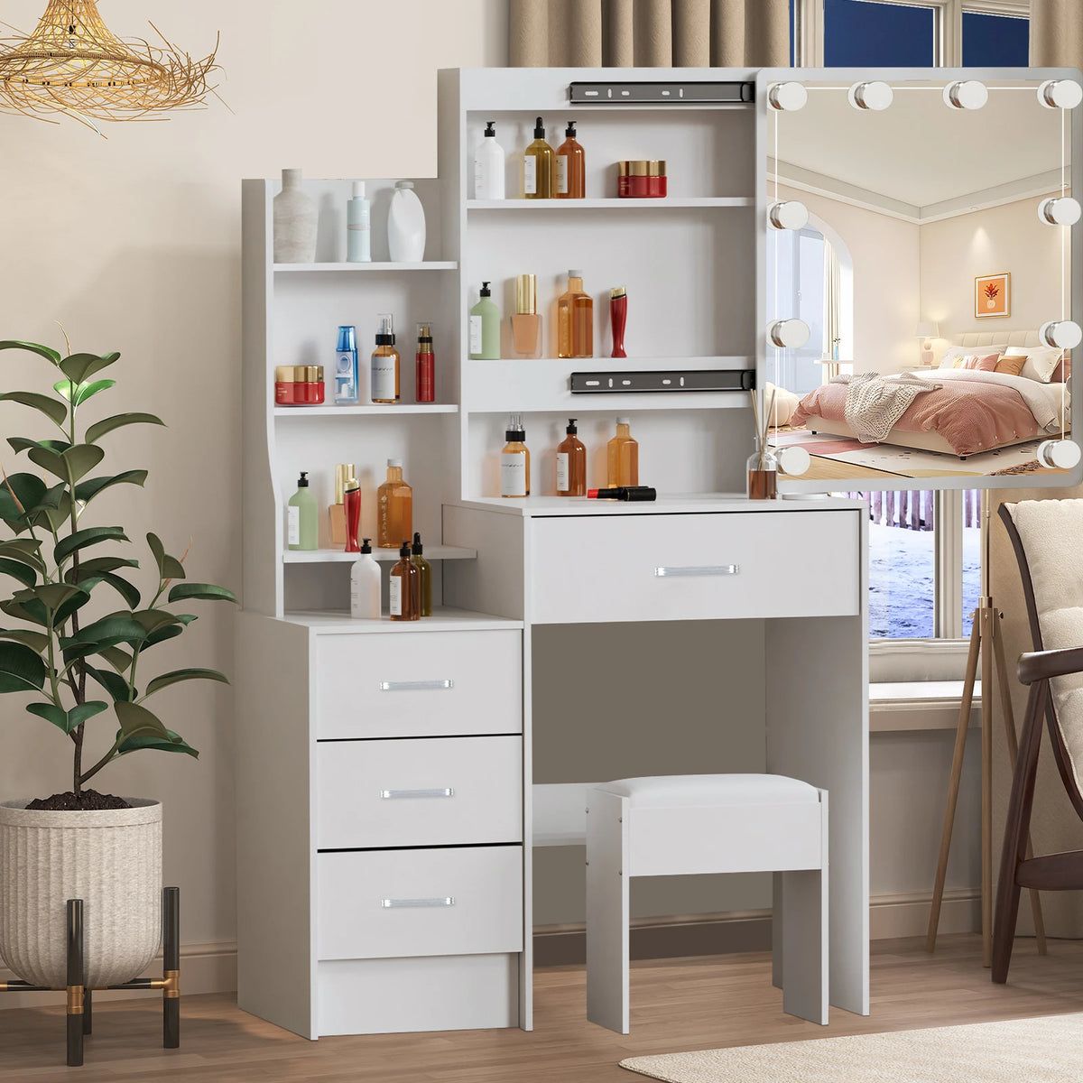 White Makeup Dressing Table W/ Lights Sliding Mirror