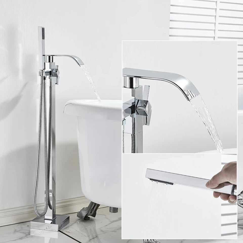 Shbshaimy Chrome Floor Bathroom Bathtub Faucet Handshower Two