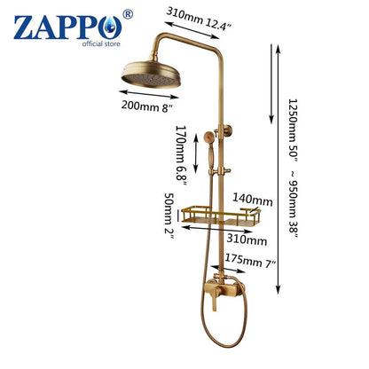 Zappo Antique Brass Shower Systerm Flexible Retro Brass
