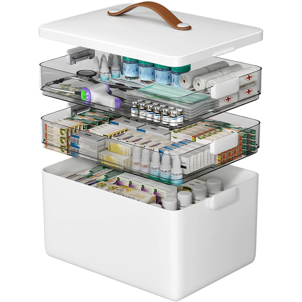 Medicine Cabinet Leather Handle 3-Tier Medicine Organizer Empty