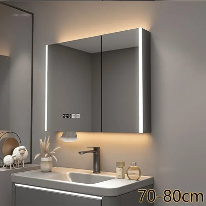 Modern Solid Wood Smart Bathroom Mirror Cabinet Light