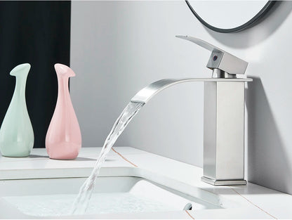 Brushed Golden Basin Faucets Elegant Waterfall Bathroom Sink