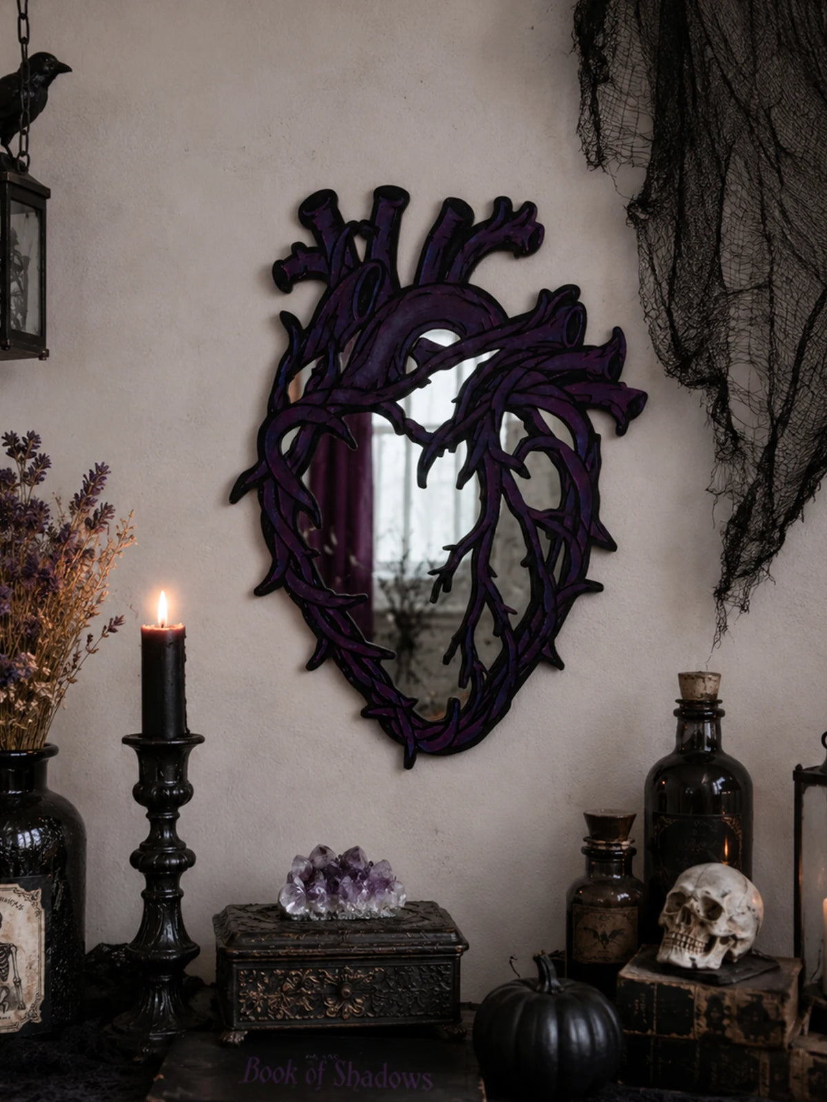 Purple Gothic Barbed Wire Heart Wall Mirror Witchy