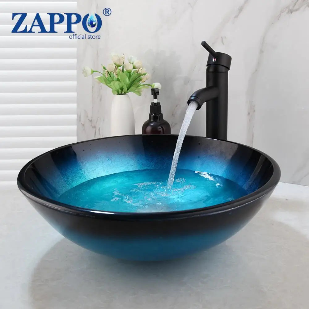 Zappo Tempered Glass Bathroom Vessel Sink Waterfall Black