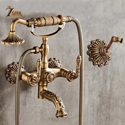 Antique Brass Bathtub Shower Faucets Wall Mounted Bath