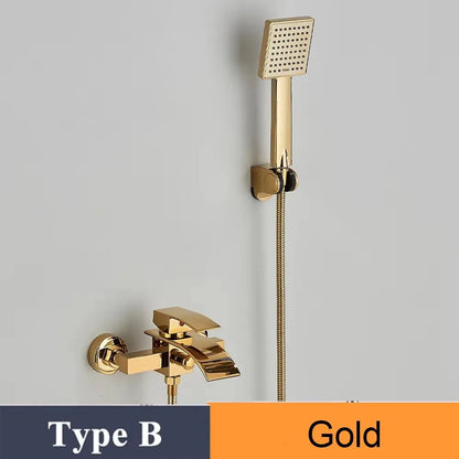 Zappo Gold Waterfall Faucet Roman Handheld Shower Deck