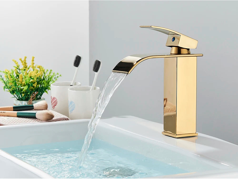 Brushed Golden Basin Faucets Elegant Waterfall Bathroom Sink