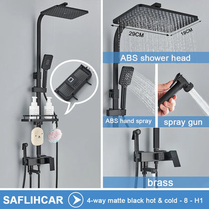 Black/Chrome Brass Shower Faucets Rainfall Shower Shelf Cold