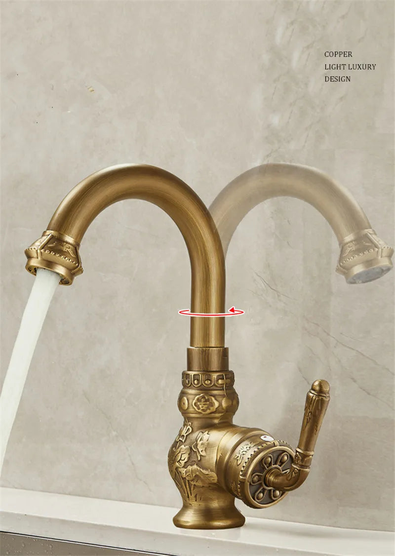 Antique Carved Bathroom Faucet Basin Faucets Brass &