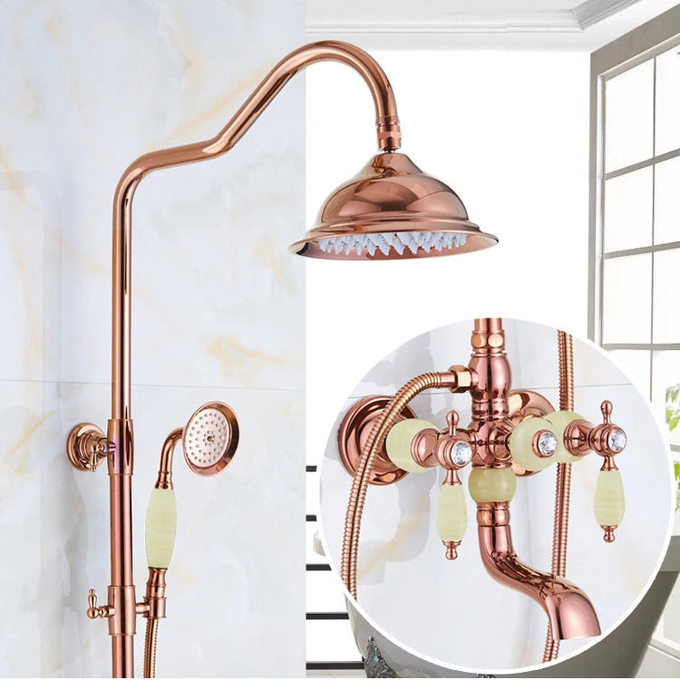 Brass Jade Shower Faucet Wall Mount Rose Gold