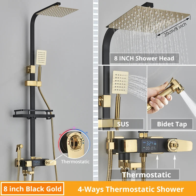 Bath Thermostatic Digital Display Shower Faucet Rain Shower