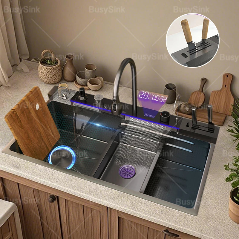 Stainless Steel Waterfall Sink Digital Display Large Slot