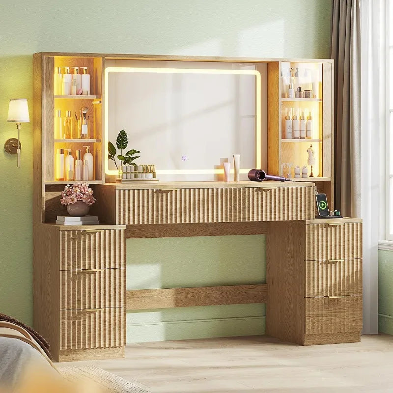 Hauoms Big Vanity Fluted Wood Makeup Vanity Desk
