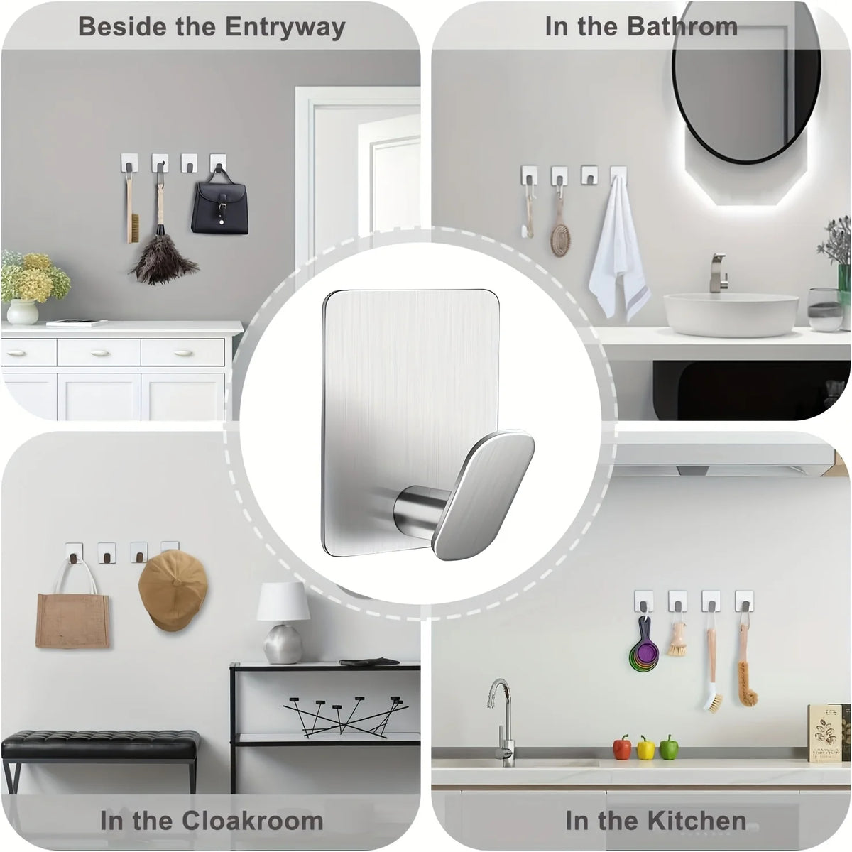 1/4pc Bathroom Stainless Steel Robe Hook Multi-Purpose Adhesive