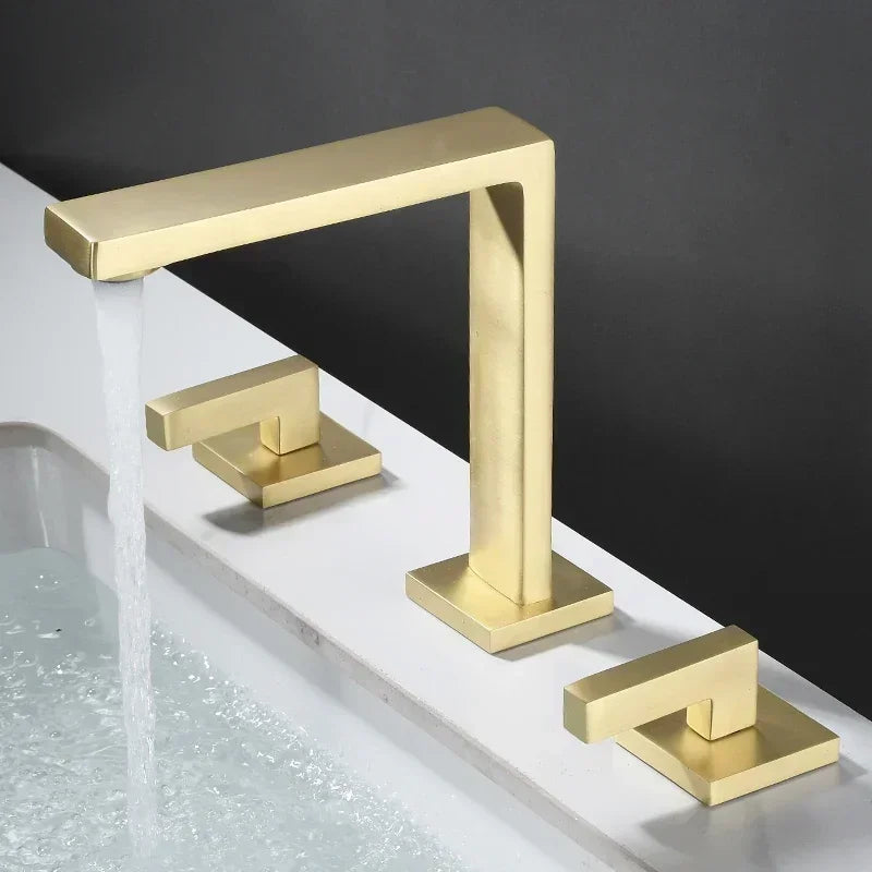 Brushed Gold Basin Faucet Solid Brass Three Hole