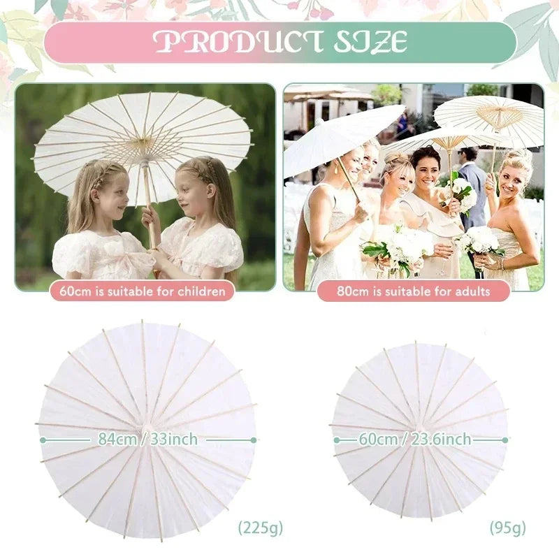 White Wedding Paper Umbrellas 60/80cm Chinese Wooden Handle