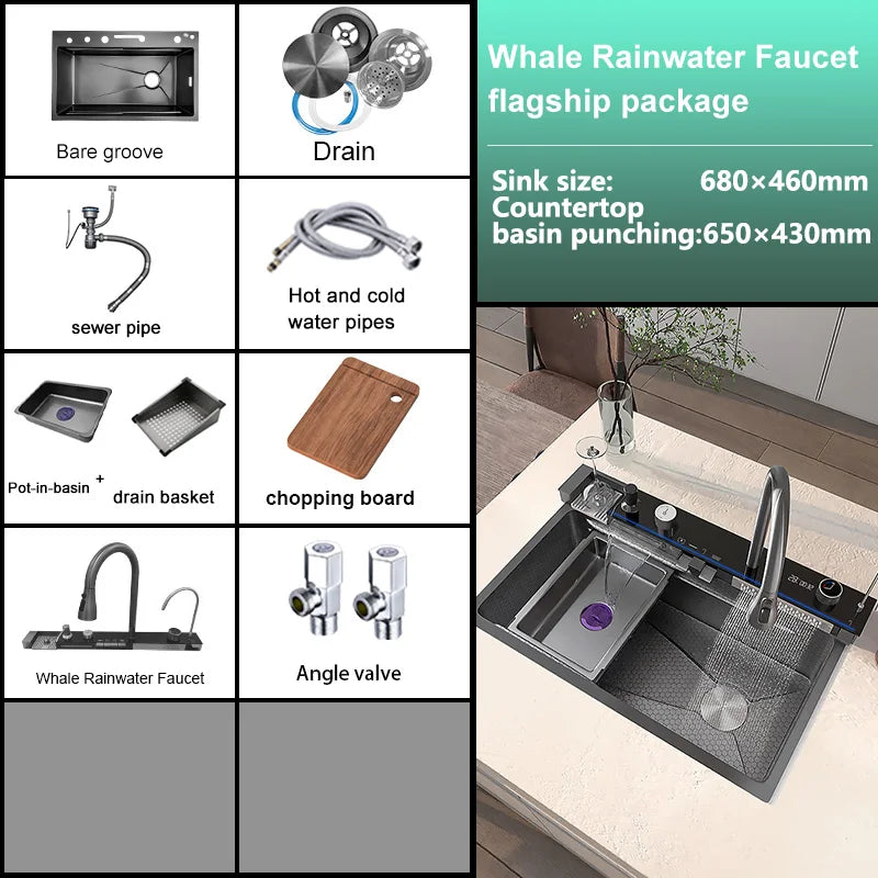 Stainless Steel Waterfall Sink Digital Display Large Slot