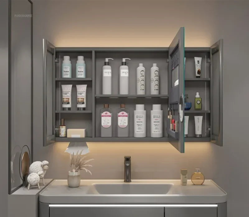 Modern Solid Wood Smart Bathroom Mirror Cabinet Light