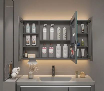 Modern Solid Wood Smart Bathroom Mirror Cabinet Light