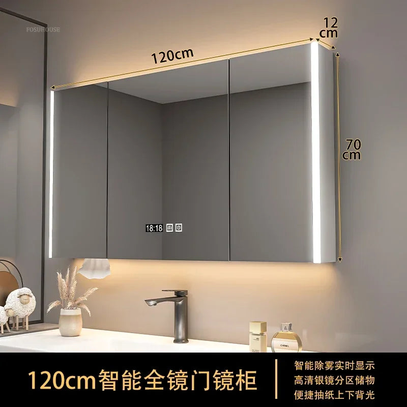 Modern Solid Wood Smart Bathroom Mirror Cabinet Light