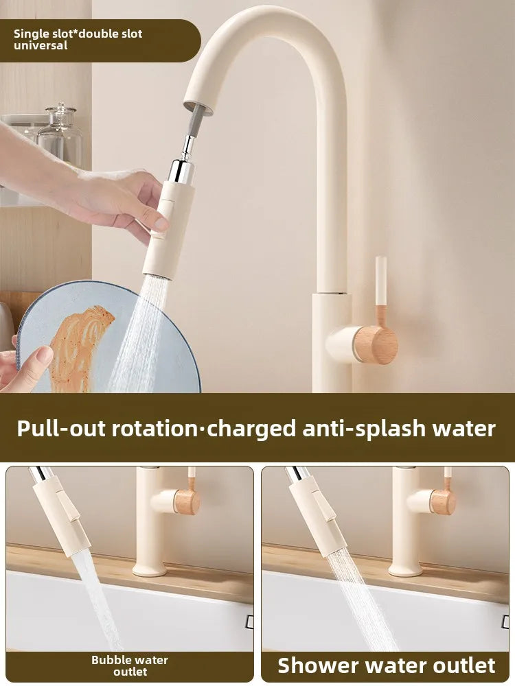 Wooden Cream Pull-Out Cold All Copper Faucet Retractable