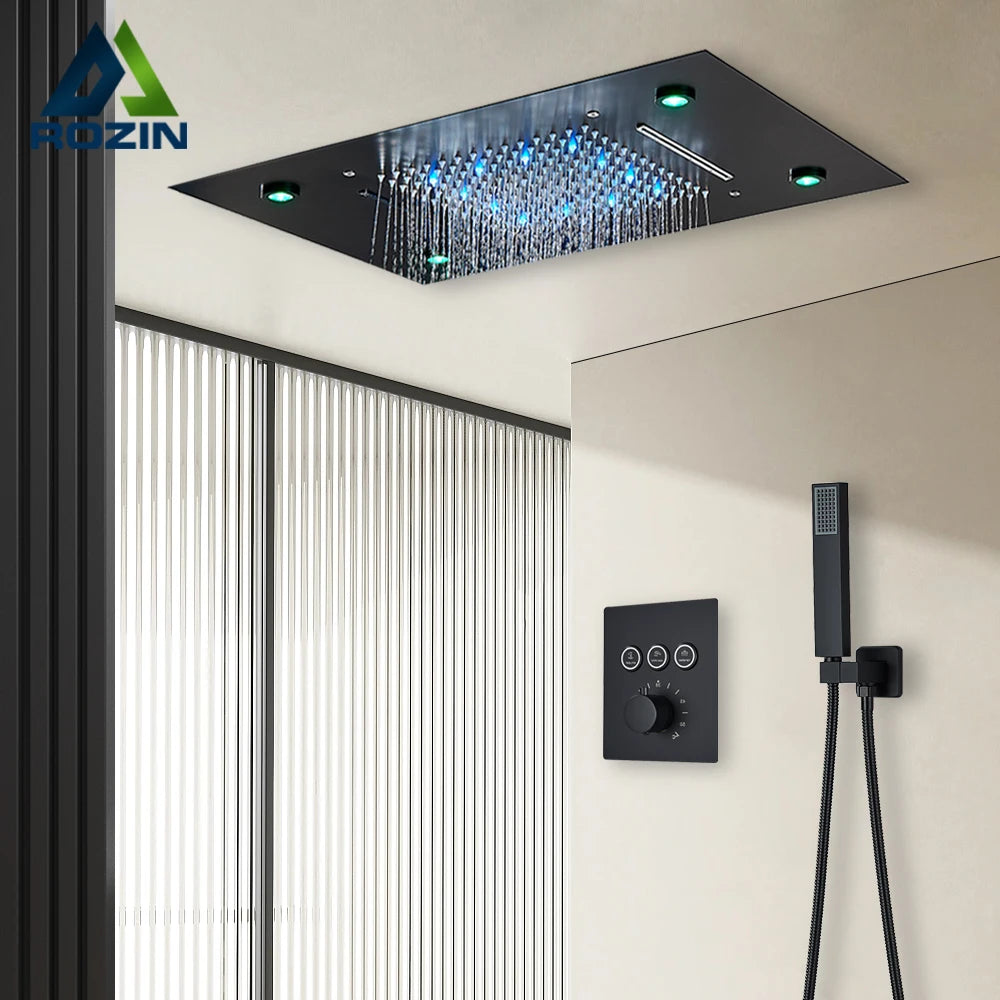 Black Thermostatic Bathroom Shower Faucet Remote Led Rainfall