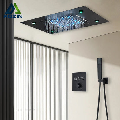 Black Thermostatic Bathroom Shower Faucet Remote Led Rainfall