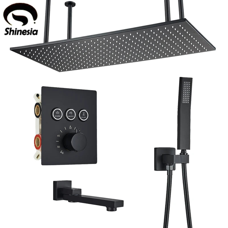 Shinesia Big Black Thermostatic Bathroom Shower Faucet Rainfall