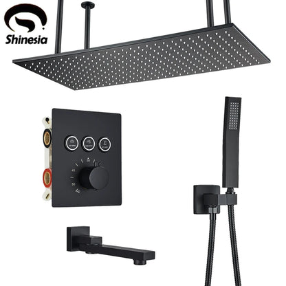 Shinesia Big Black Thermostatic Bathroom Shower Faucet Rainfall