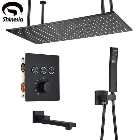 Shinesia Big Black Thermostatic Bathroom Shower Faucet Rainfall