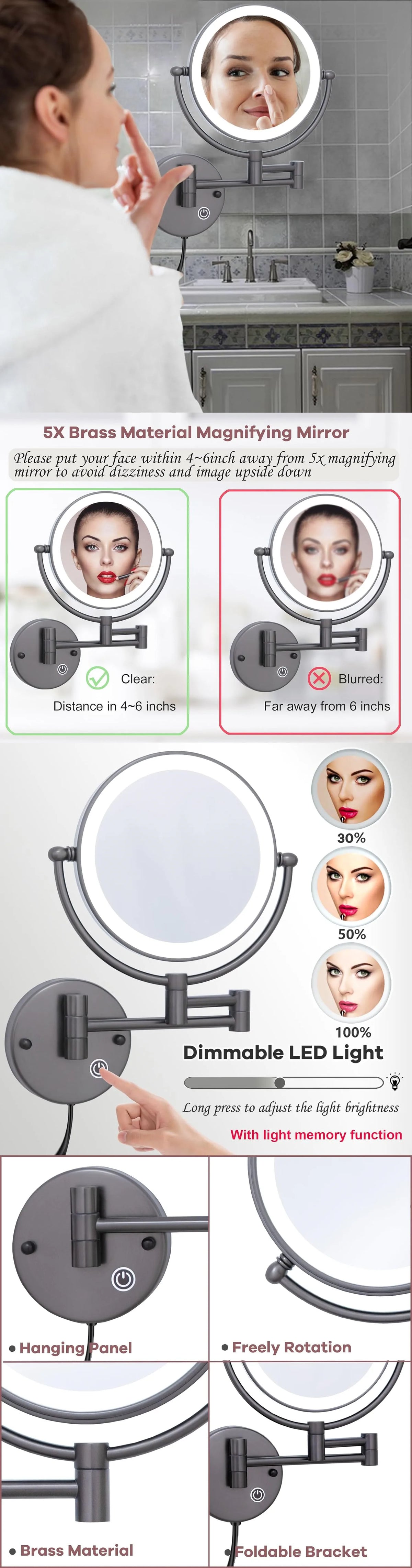 Brushed Gold Led Folding Touch Bathroom Mirrors Of