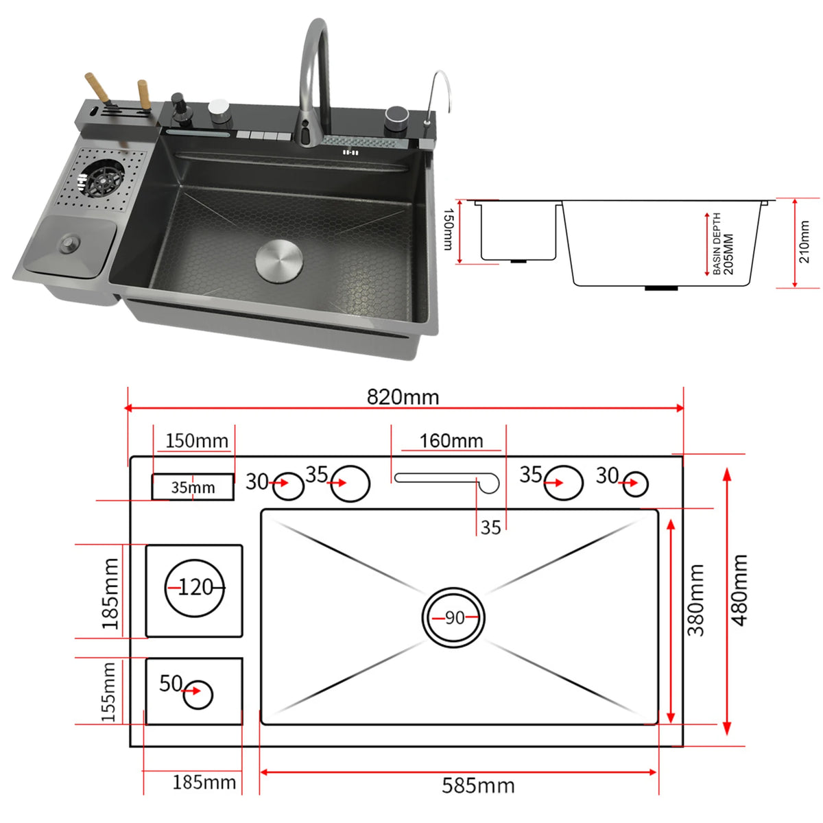 Stainless Steel Sink Digital Display Waterfall Large Slot