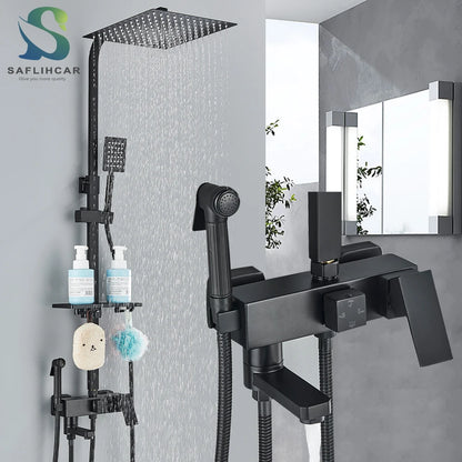 Black/Chrome Brass Shower Faucets Rainfall Shower Shelf Cold