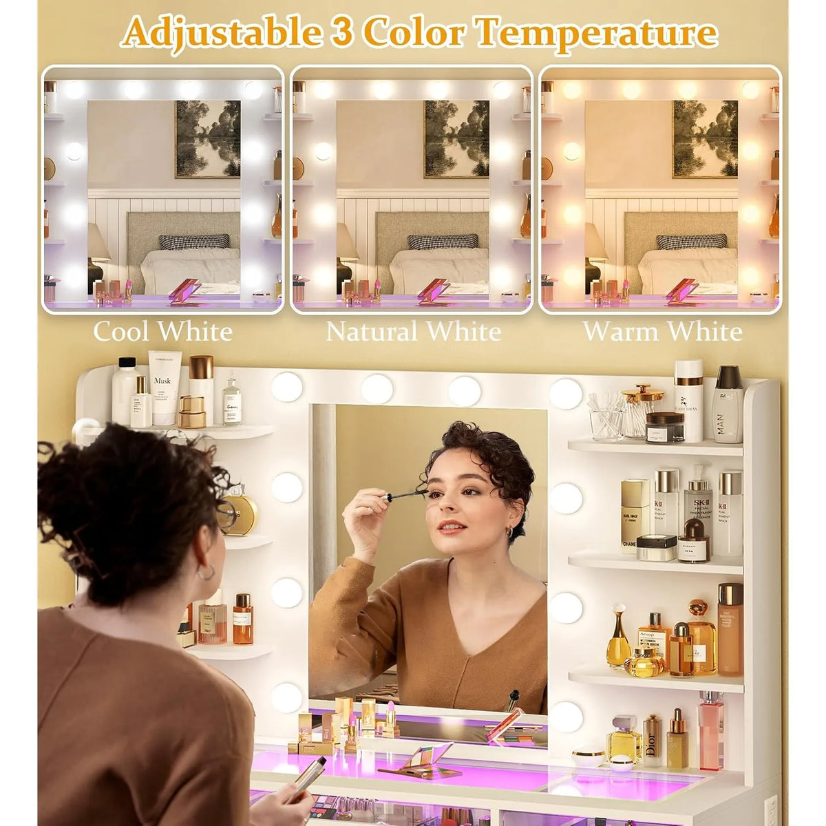 Vanity Desk Color Lighted Mirror Transparent Top Rgb
