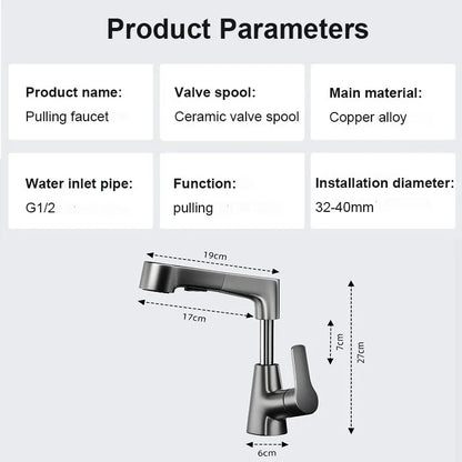 Dual-Function Pull-Down Bathroom Sink Faucet Adjustable Height