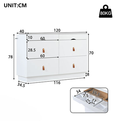 6-Drawer White Sliding Glass Sideboard Makeup Vanity Cabinet