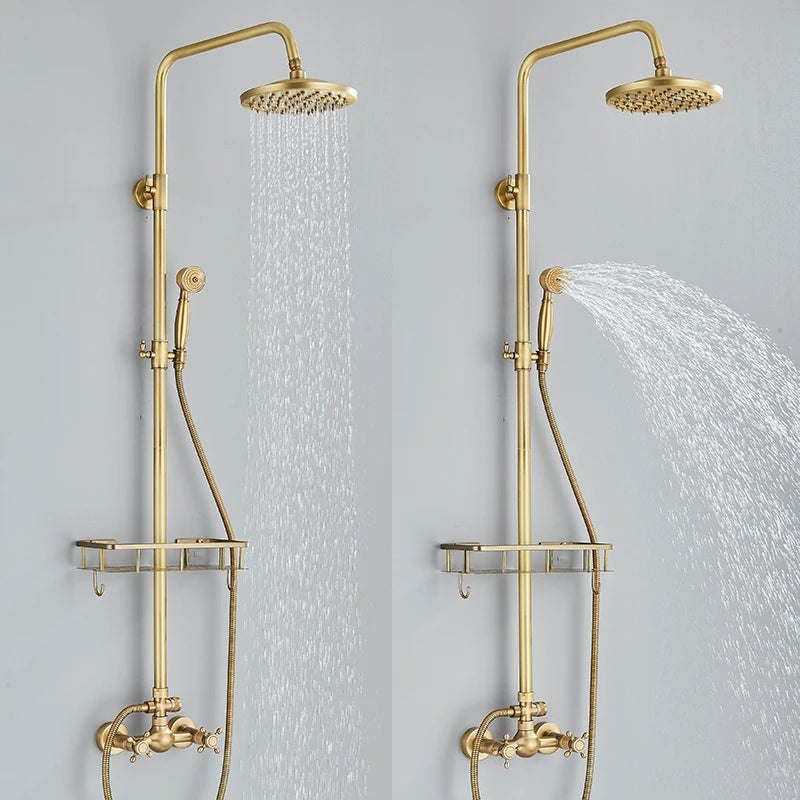Antique Brass Shower Faucet Mixers Dual Handle Rainfall