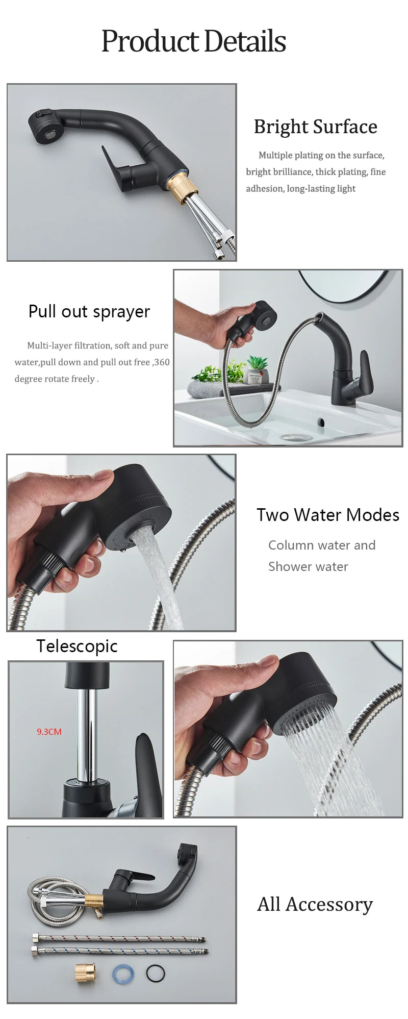 Bathroom Sink Faucet Pull Out Sprayer Deck Mounted
