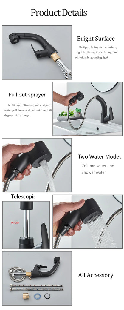 Bathroom Sink Faucet Pull Out Sprayer Deck Mounted