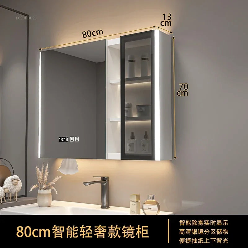 Modern Solid Wood Smart Bathroom Mirror Cabinet Light