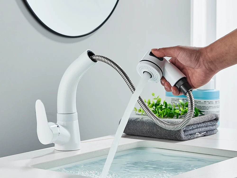 White Pull Out Bathroom Sink Faucet Cold Water