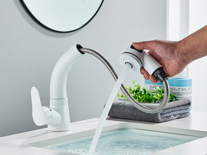 White Pull Out Bathroom Sink Faucet Cold Water