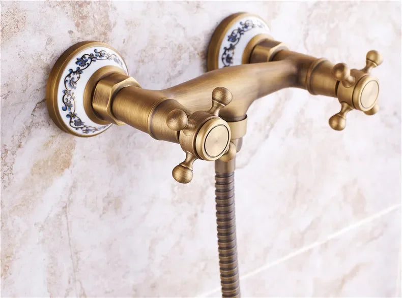 Retro Shower Faucets Antique Brass Ceramics Bathtub Faucets