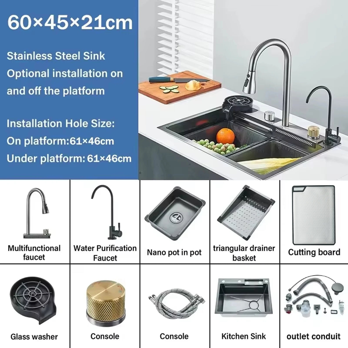 Stainless Steel Waterfall Sink Large Slot Integrated Faucet