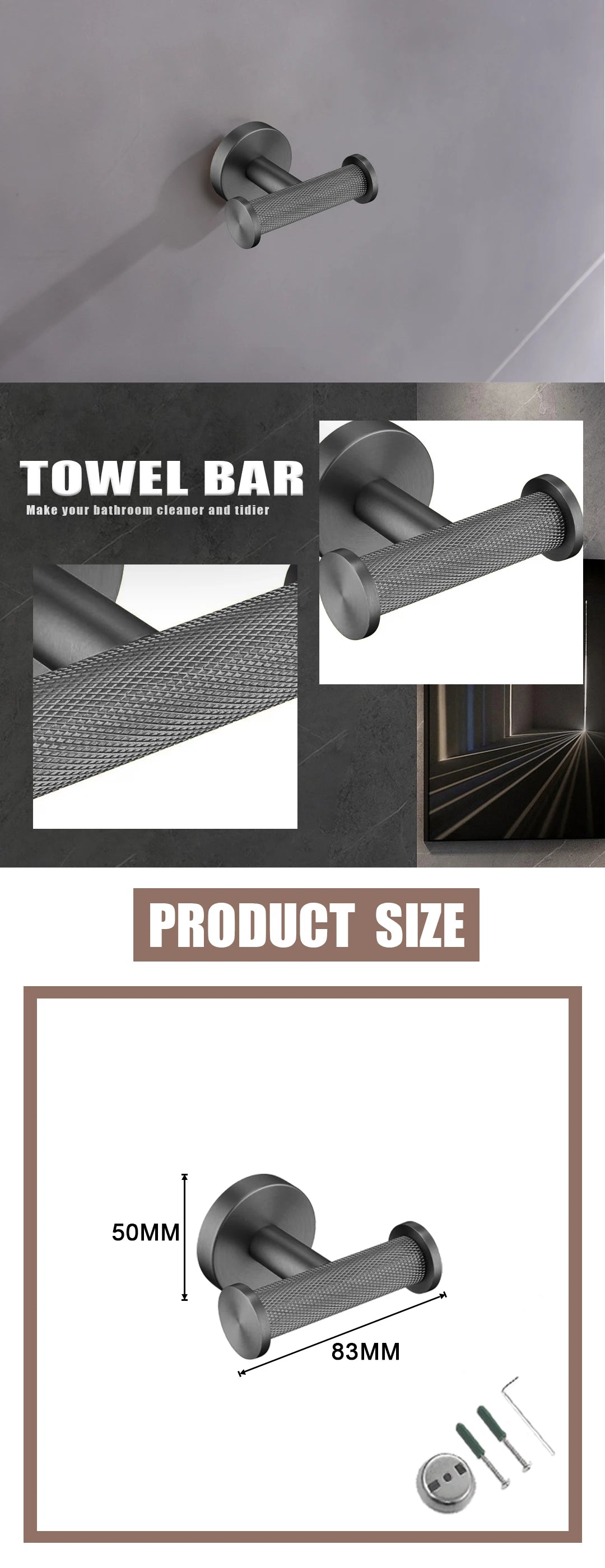 Grey Bathroom Hardware Kit Stainless Steel Round Wall