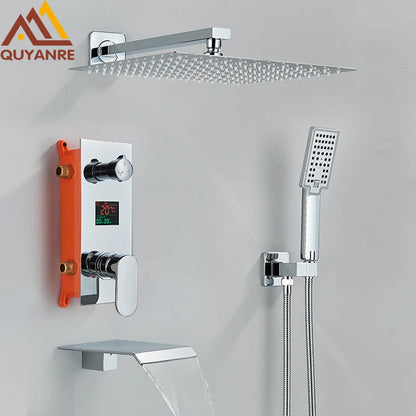 Chrome Bathroom Digital Display Shower Faucet Rainfall Shower