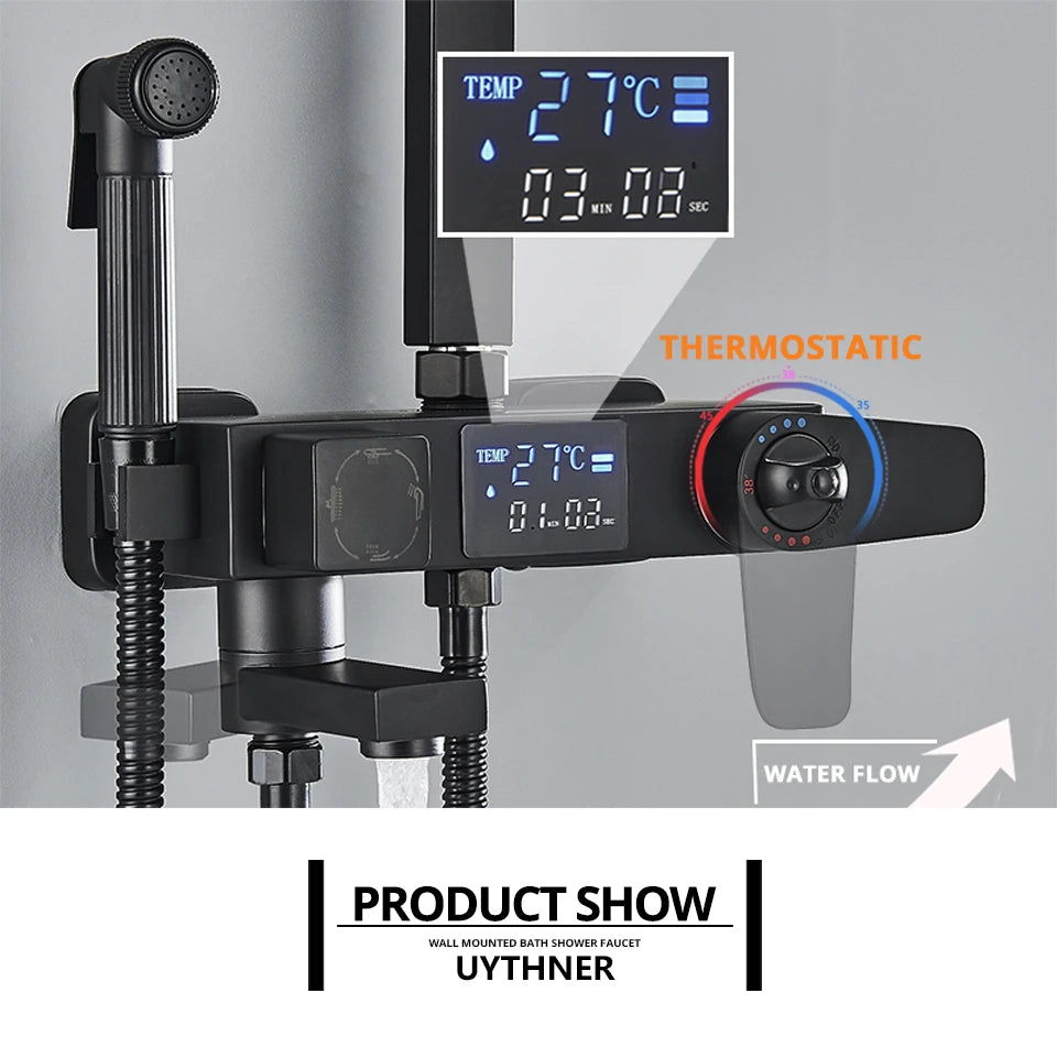 Bath Thermostatic Digital Display Shower Faucet Rain Shower